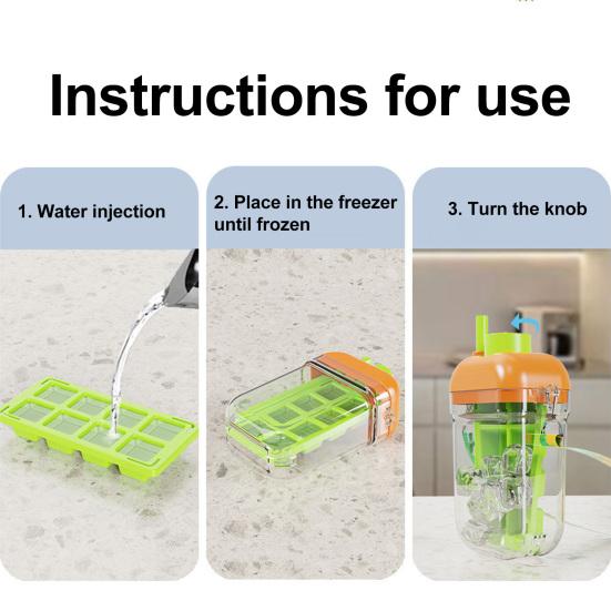 2-in-1 Eiswürfelbereiter & Wasserflasche mit Strohhalm, Silikonform mit Druckentriegelung für Gefrierschrank, Auslaufsichere tragbare Tasse für Fitnessstudio Reisen, BPA-frei Sommer
