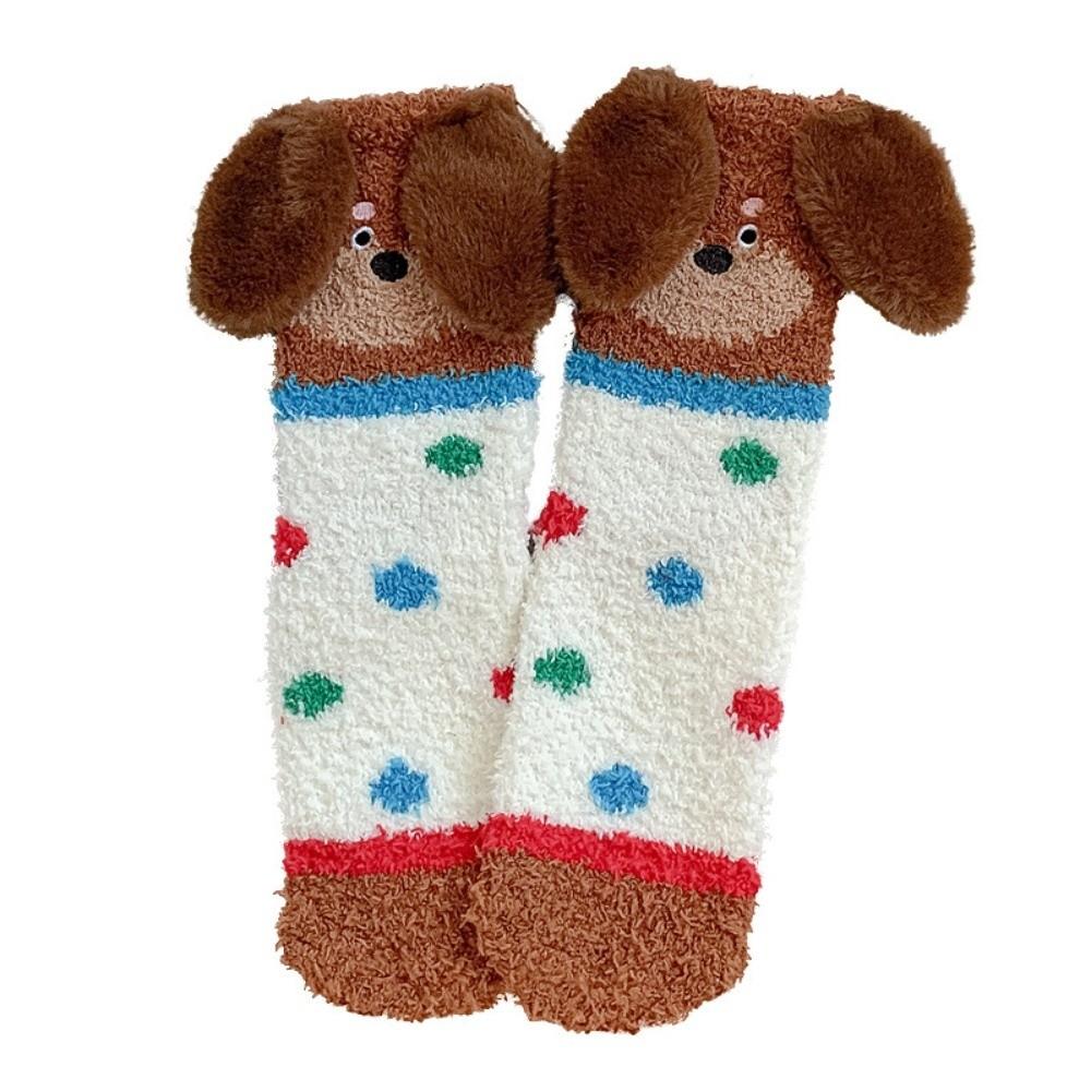 Plush Puppy Ears Coral Fleece Socks Polka Dot Floor Socks Cartoon Dog Thicken Velvet Socks  Girls