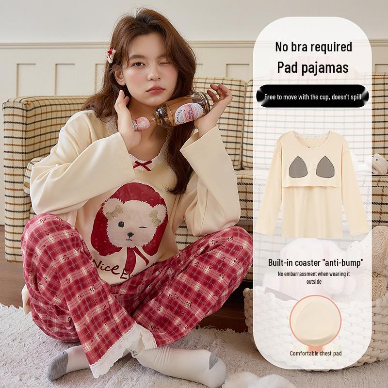 Women's Cute Cartoon Cotton Pajama Set with Chest Pad – Long Sleeve & Pants for Spring/Autumn
