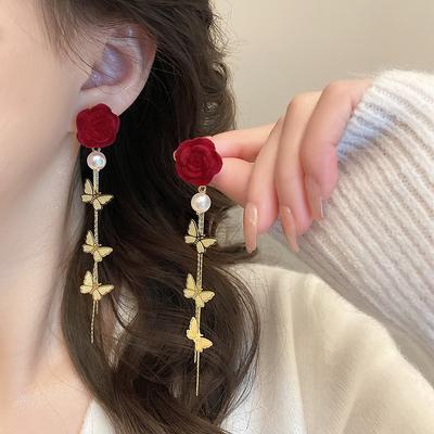 New Autumn and Winter Burgundy Red Rose Flower Earrings Women's Light Luxury Temperament Long Butterfly Fringed Earrings Earrings