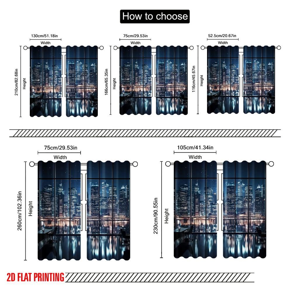 2pcs,2D plane printing Curtains Roller Blinds Cityscape Reflection Versatile Polyester (without rod) Festive Use for Bedroom,