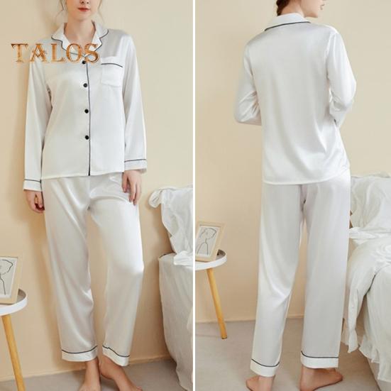 2-teiliges Pyjama-Set aus Satin, einreihig, Strickjacke, V-Ausschnitt, Reverskragen, einfarbiges Hemd, weite Hose, lockere Hose, Nachtwäsche