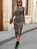 Vestido con Estampado de Leopardo Otoño Invierno Elegante de Manga Larga de una Pieza para Mujer