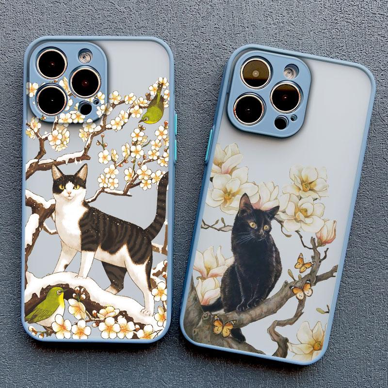 Lovely Black Cats And Flower Phone Case For iPhone 17 16 15 14 13 12 11 Pro Max Mini 15 14 Plus XR X XS Shockproof Back Covers