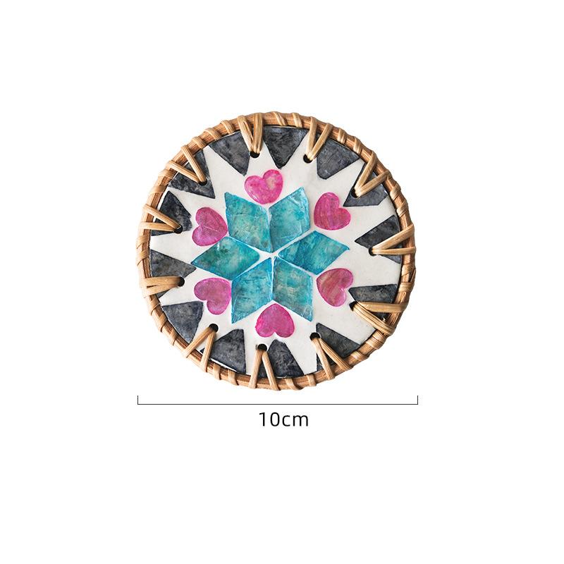 Rattan Shell Coaster Ceramic Heatproof Tea Mat Handwoven Shell Table Mat Decorative Round Coaster Nordic Style