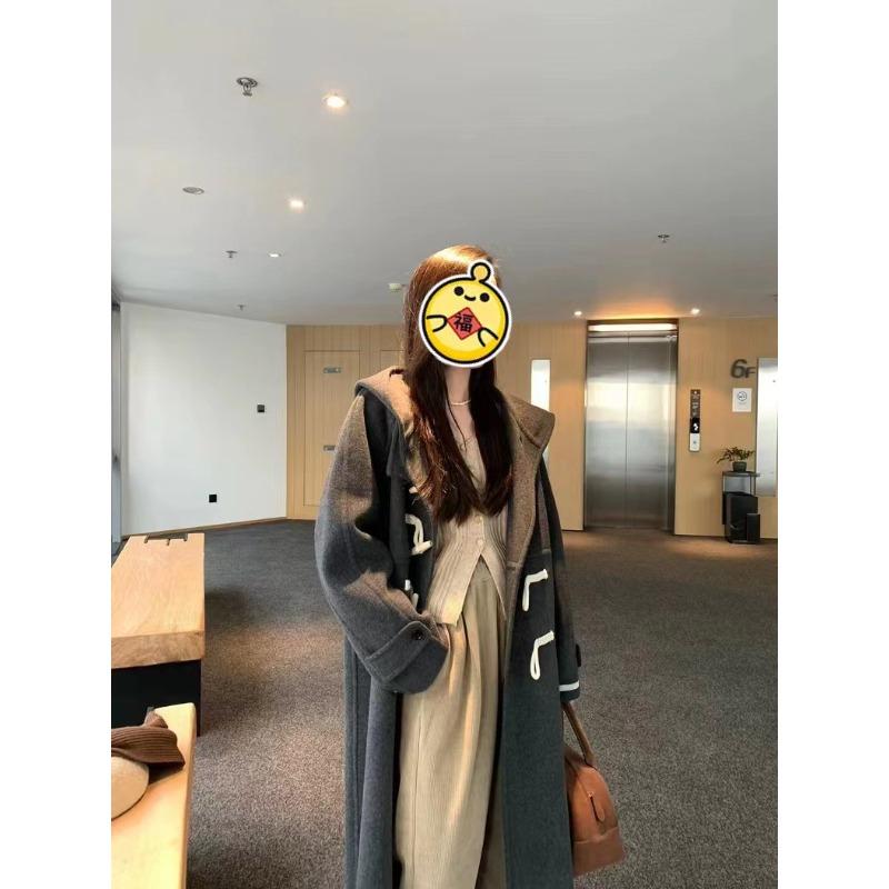 New Double-sided Wool Coat Hooded Horn Button Korean Style Loose Casual Woolen Coat