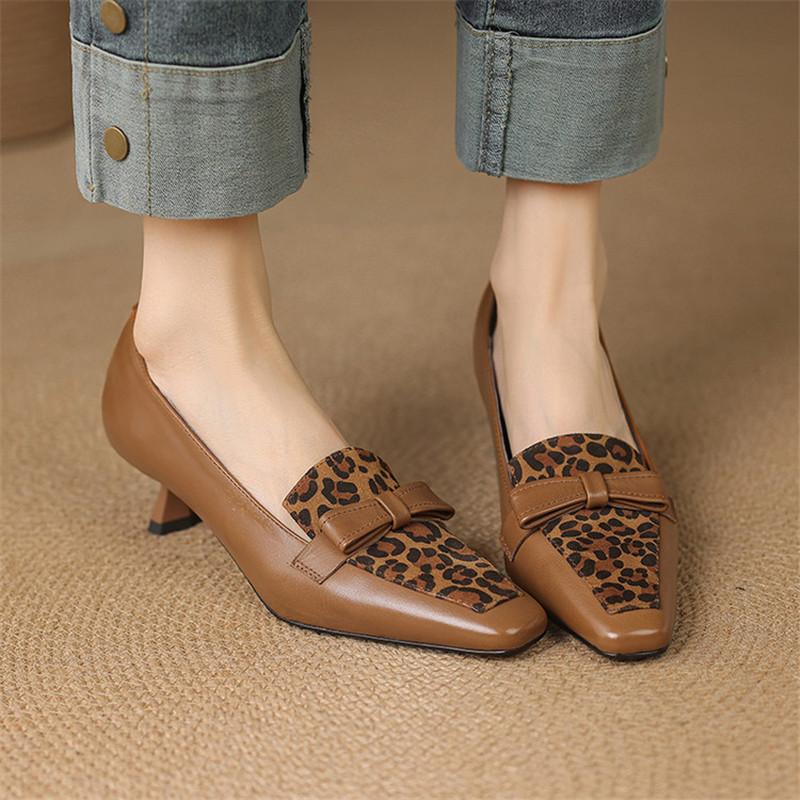Fashion New Spring/autumn Genuine Leather Women Shoes Square Toe Shoes for Women Fashion Mixed Color Mid Heels Leopard Print Women Pumps