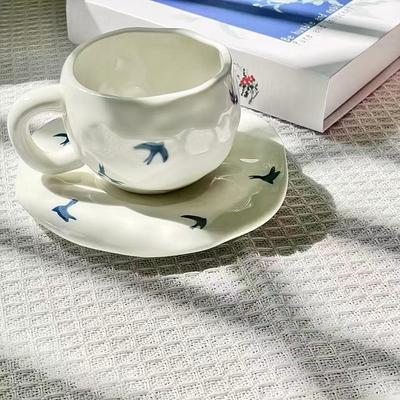 Blue Swallow Irregular Ceramic Mug Coffee Cup Saucer Cute Breakfast Milk Water Cup
