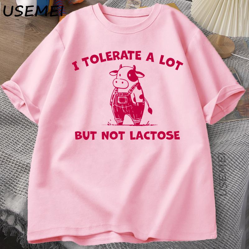 I Tolerate A Lot But Not Lactose Funny TShirt Cute Cow Meme Tee Shirt Vintage Y2K Humor T Shirt Cotton Short Sleeve Unisexs Tops