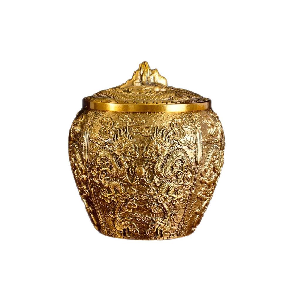 Kangqian Dragon & Phoenix Copper Tea Caddy - Dragon Head Storage Jar for Office Tea Ceremony