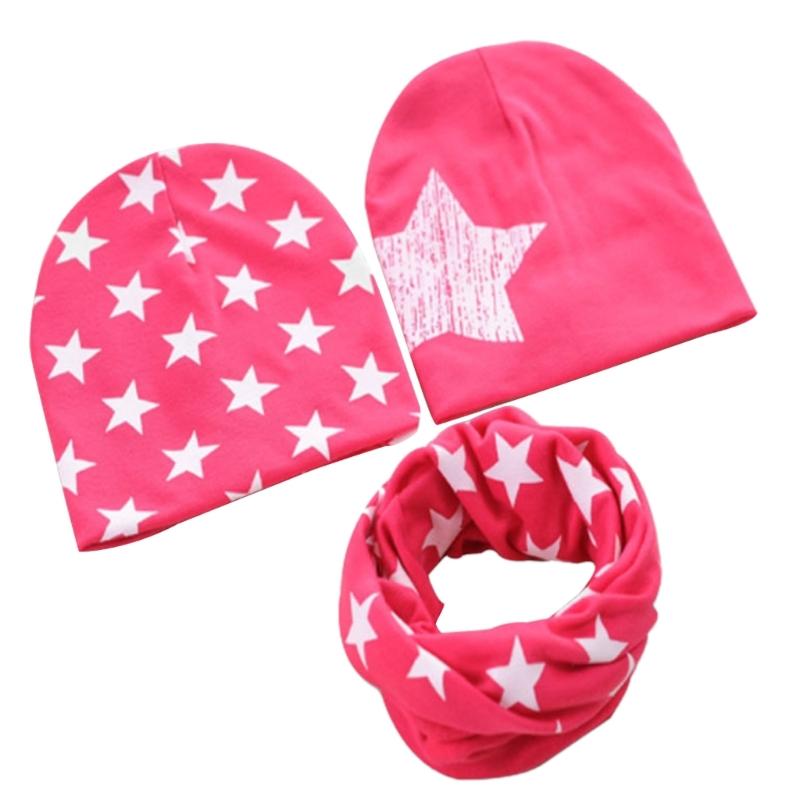 Baby Hat & Scarf Set 3Pcs Unisex Toddler Muslin Hat Pentagram Print Beanie Collar Scarf Infant Windproof Warm Headdress