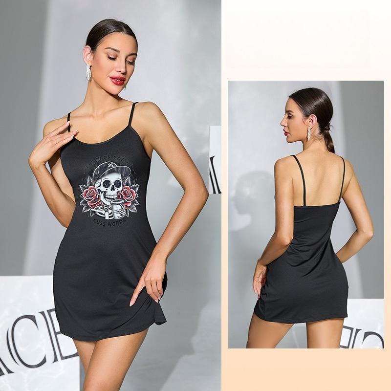 Multi-Pattern Short Cami Nightgown Unique Print Black/White Women's Loungewear 929 Trendy Versatile Sleepwear with Bold Print Choices