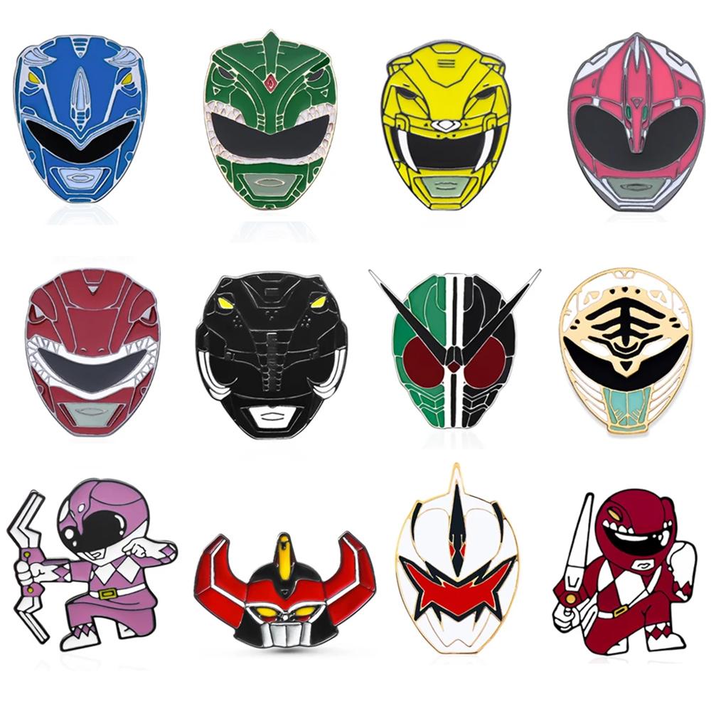 Power Dinosaur Rangers Enamel Pin Set Colorful Battle Suit Combat Helmet Lapel Badge Classic Anime Jewelry Collection