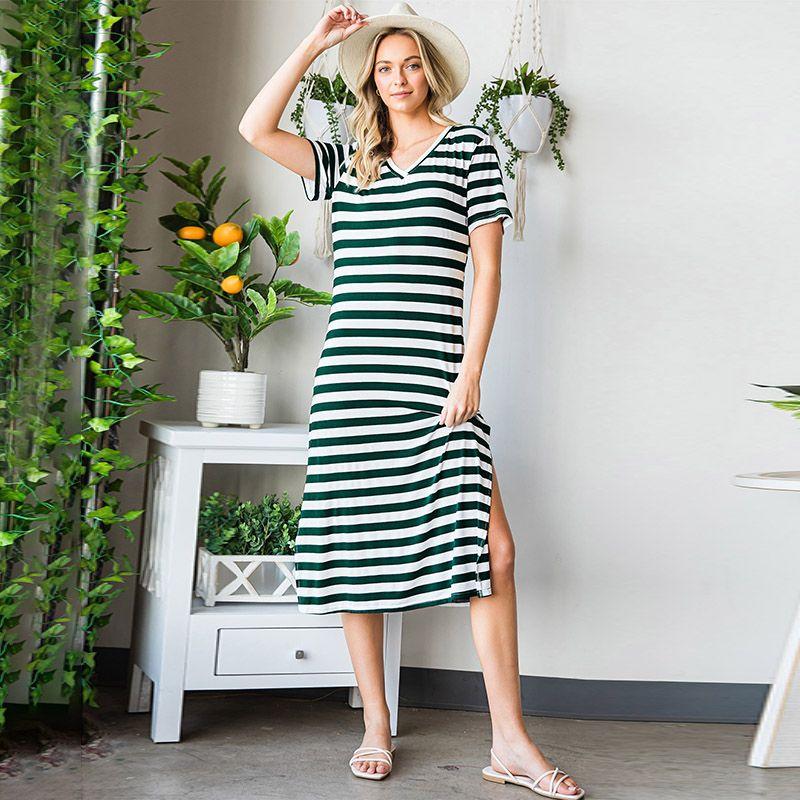 

V Neck Summer Stripes Slit Hemline at Hem Casual Dress Green S is larger size 1 (45.00 kg-55.00 kg