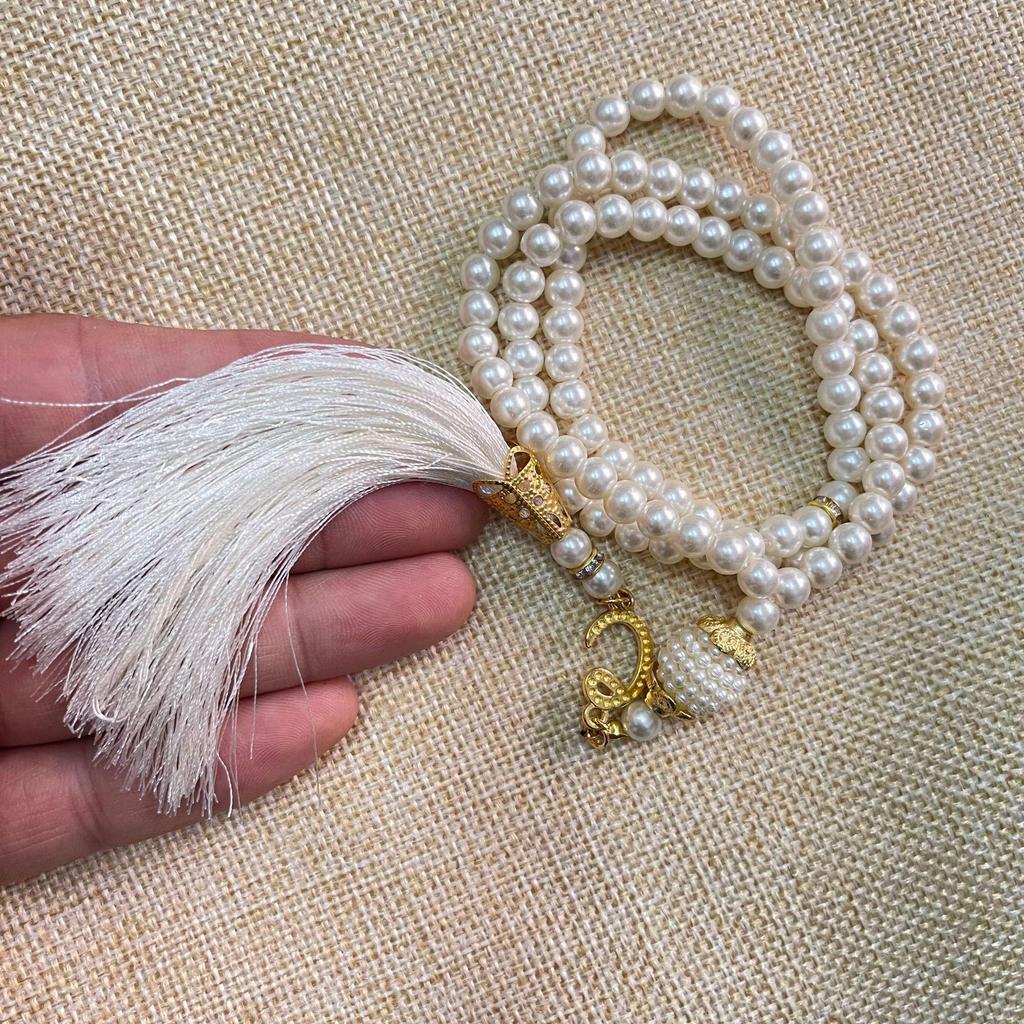 99 Glass Imitation Pearl Tassel Prayer Beads Bracelet Charms, Middle Eastern Design, 6mm Size