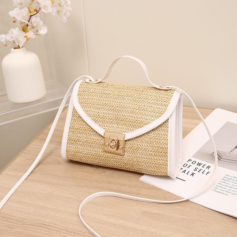 Straw Bag New Lock Metal Small Square Bag Women's Bag Fashion Casual Simple Shoulder Bag Mobile Phone Bag