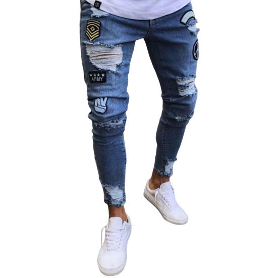 

Мужские джинсы со средней посадкой, застежкой-молнией и карманами-мухами, с вышивкой, мультяшным буквенным принтом, потертые рваные брюки, облегающие джинсовые брюки L синий