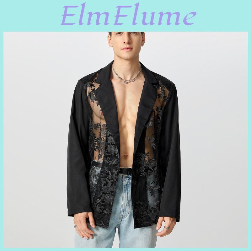 Blazer Lace Men Suit Incerun Long Sleeve One Button Mesh Sheer Coats