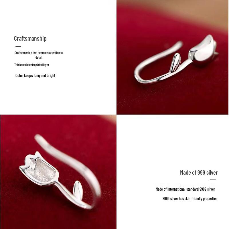 Solid Sterling Silver S999 Tulip Rose Flower Ear Cuffs Korean Style Women's Jewelry