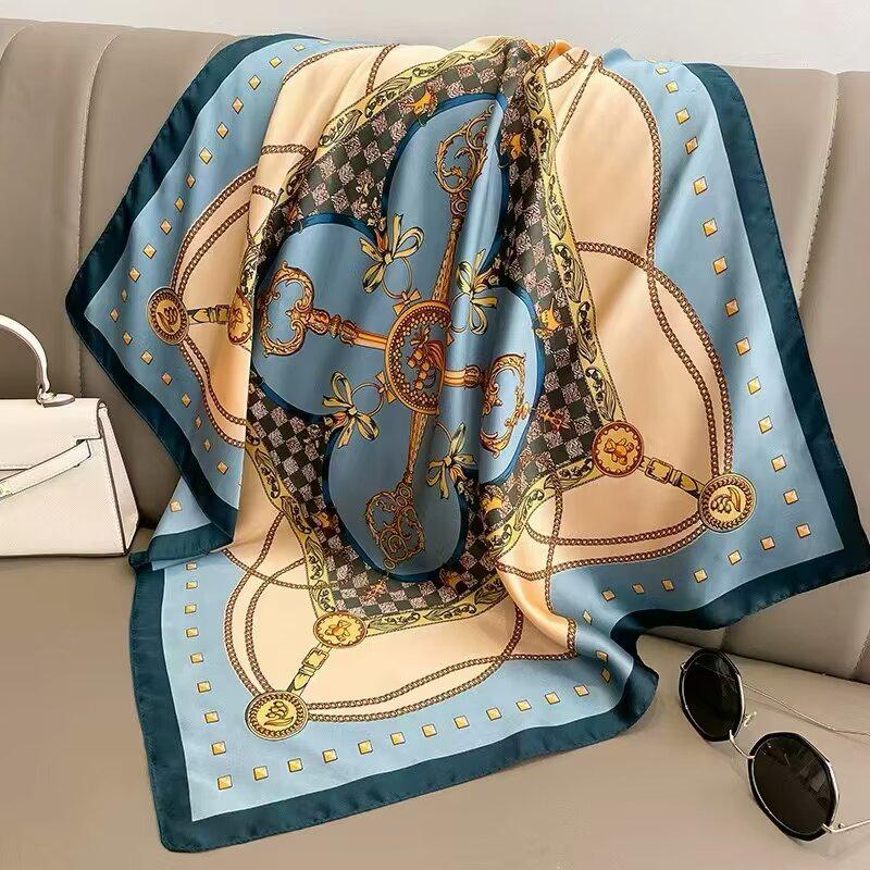 70cm Retro Printed Korean-Style High-End Imitation Silk Scarf for Women - Versatile Fashion Square Accessory