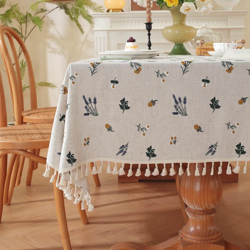 American Linen Natural Color Embroidery Embroidery Fringed Flower Coffee Table Tablecloth Dining Table Cloth Ins Decoration