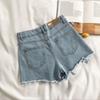 Sommer-Jeansshorts für Damen, hohe Taille, A-Linie, einfarbig, zerrissen, mit Knopf, Reißverschluss, Retro-Taschen, schmale Passform, über dem Knie, kurze Hose