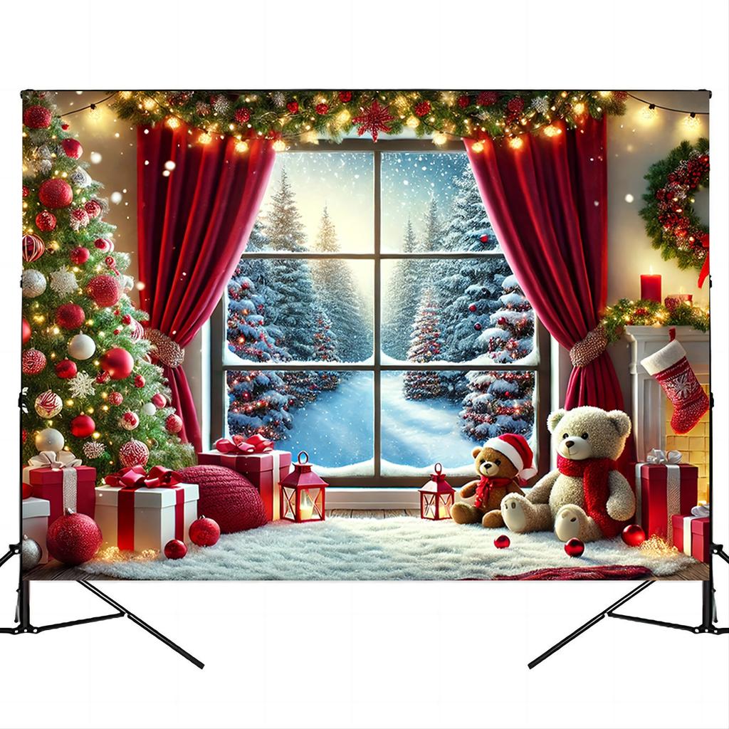 1pcs Winter Wonderland Christmas Background Cloth Featuring Trees Gifts and Snowflakes Suitable for Halloween