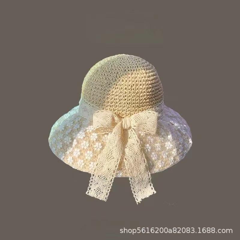 Sweet bow embroidered straw hat women's seaside vacation fisherman's hat children's summer hollow breathable straw visor