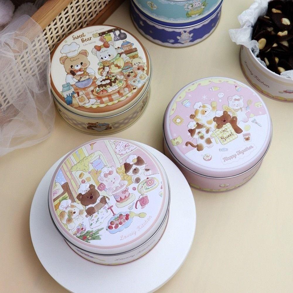 Round Candy Storage Box Cartoon Pattern Tinplate Gift Packaging Box Large Capacity 3D Relief Jewelry Storage Case