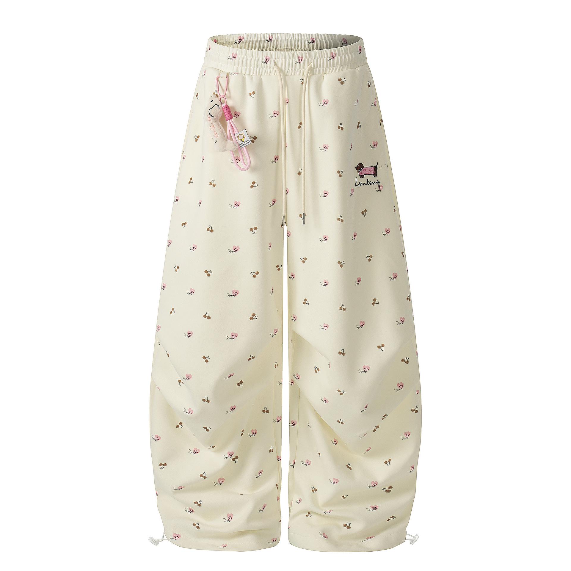 

Women s Cherry Print Japanese-Style Sweatpants, Drawstring, Cuffed, Loose Fit - Ideal for Jazz Dance Small абрикосовый