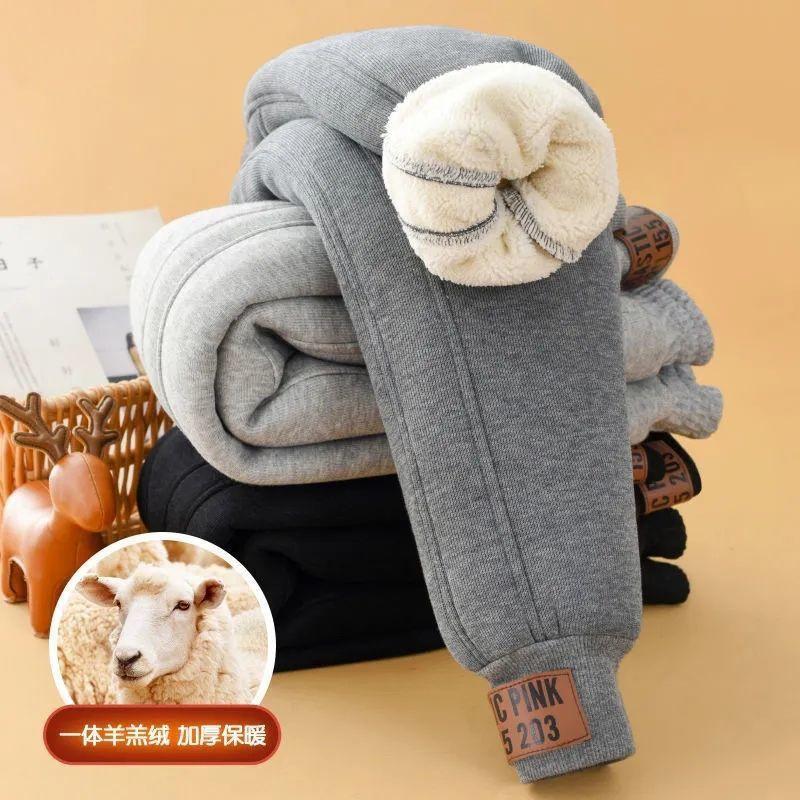 Children Thick Cotton Pants Winter Boys Girls Padded Plush Velvet Trousers Big Kids Lamb Wool Warm Snow Pants 4-14 Years