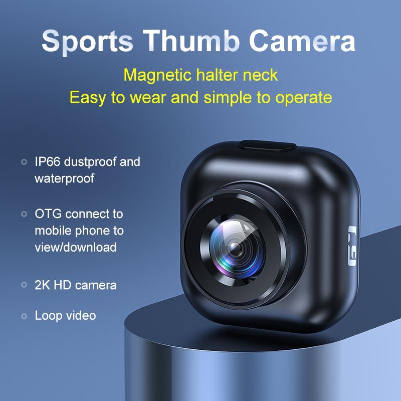 2K HD Magnetic Neck Strap Sports Camera 130° Wide Angle IP66 Waterproof Thumb Camera with Loop Recording Mini Action Cam for Cycling Climbing Vlogging