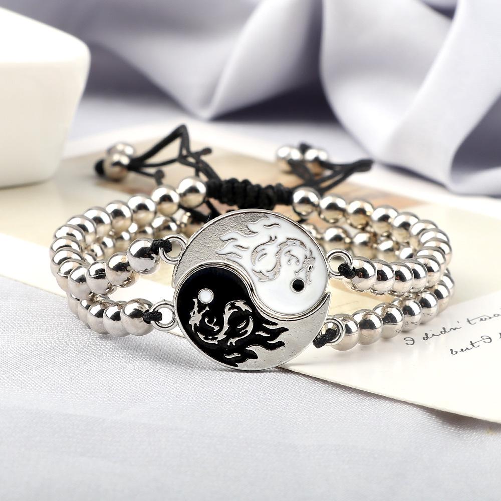 Handmade Ethnic Dragon Totem Tai Chi Bracelet Set: Yin Yang Woven Beaded String for Women & Couples