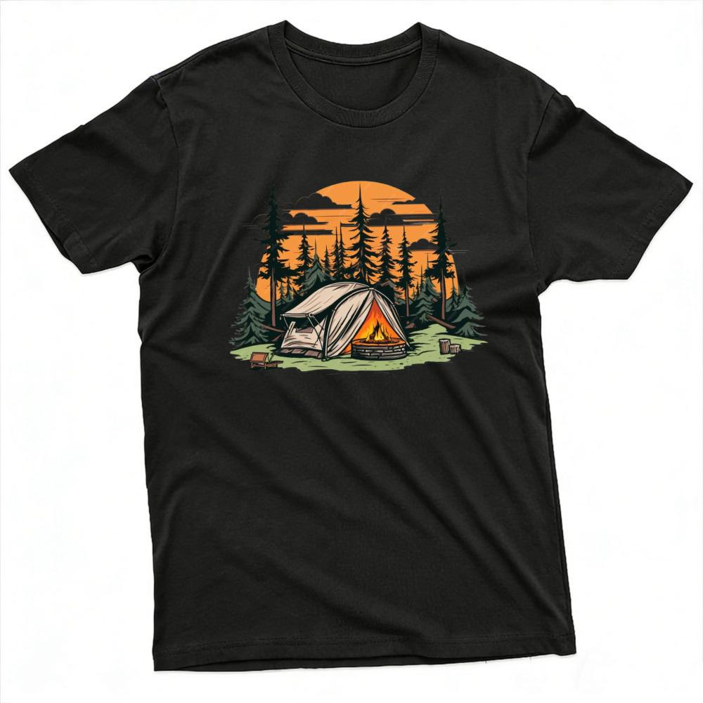 Sunset Forest Camp Tent Bonfire Graphic Tee Unisex Cool Outdoor Lifestyle T Shirt Relaxing Nature Vacation Clothes Tops
