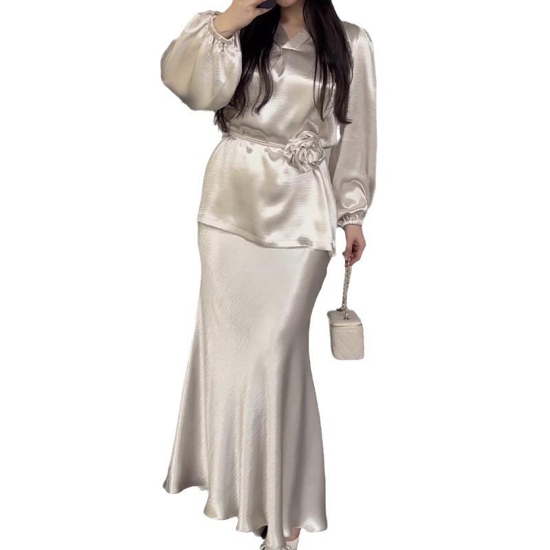 2025 Cross-Border Gratitude Fashion Suit French Elegance Celebrity Temperament Satin Lace-Up Shirt Skirt