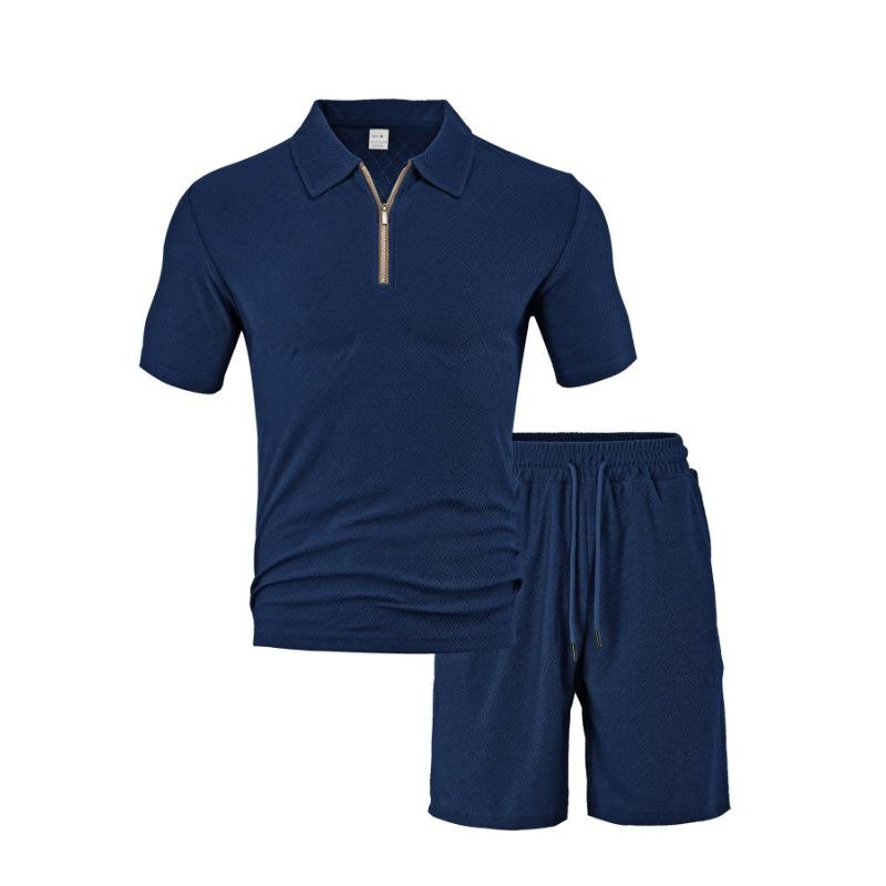 

Mens Half Zip Polo Shirt and Shorts Two Piece Casual Set S темно-синий