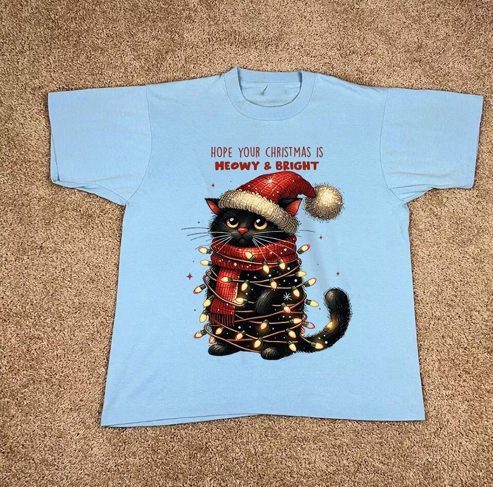 Funny Cat Hope Your Christmas Is Meow And Bright T-shirt SIZE S-5XL Unisex T-Shirt S