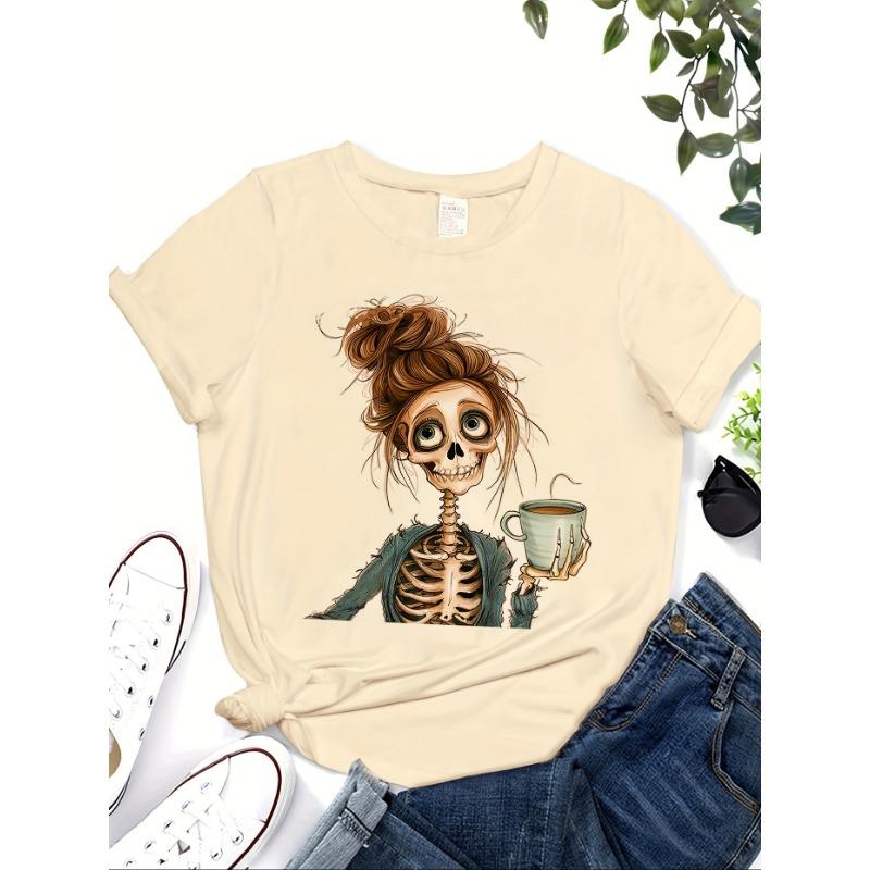 Women's Halloween Portrait Skull Print Short Sleeve Round Neck T-Shirt