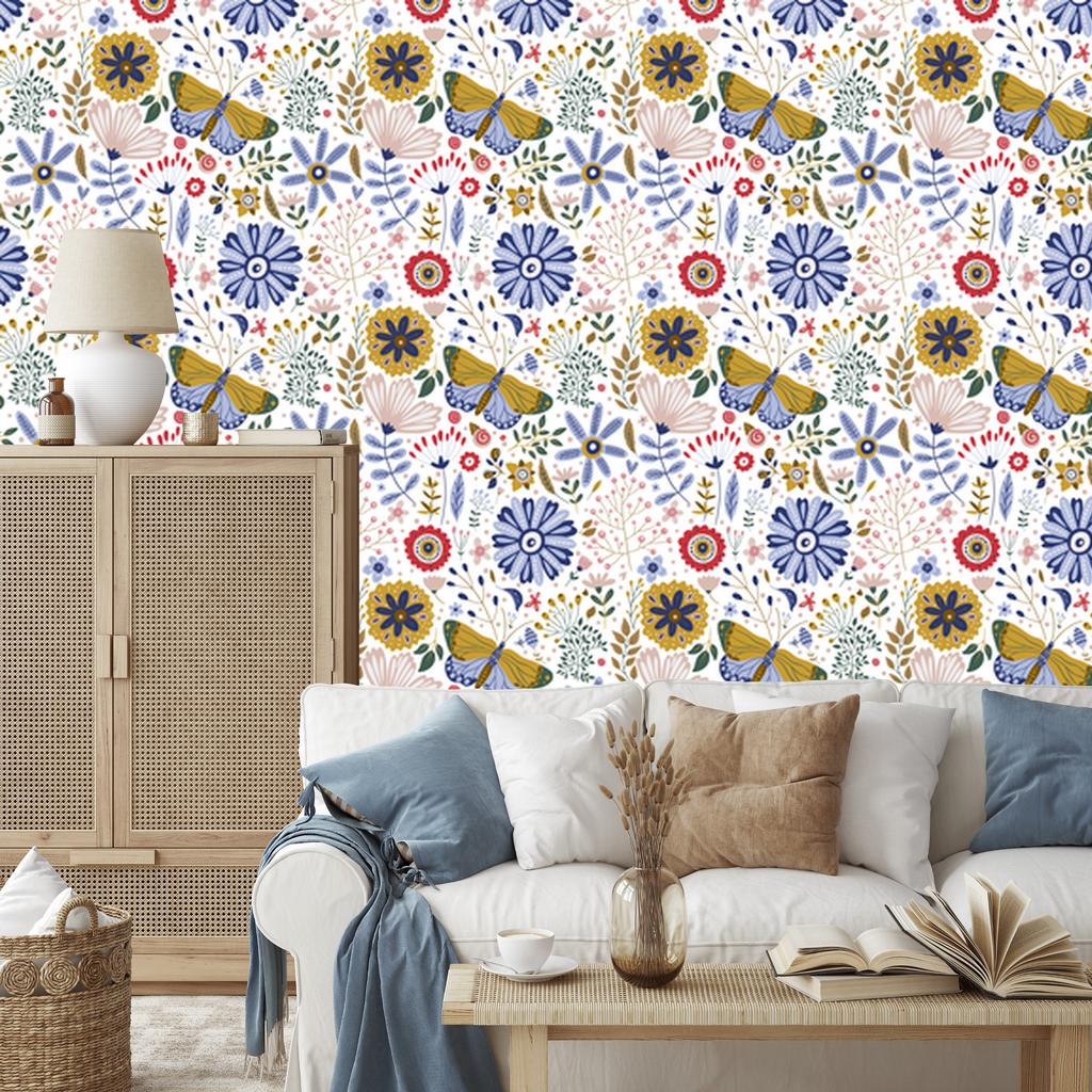 Wallpaper Flowers White and Blue for Living Room and Bedroom 50x1000