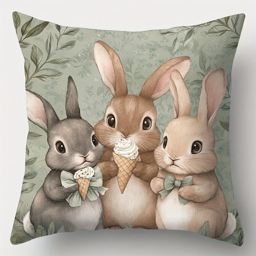 Easter Theme Bunny Cushion Covers Square White Rabbit Brown Rabbit Embracing Easter Egg Printed Pillowcase Sofa Bedroom Decor