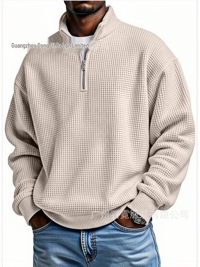 Men's European Style Waffle Knit High Collar Half-Zip Hoodie