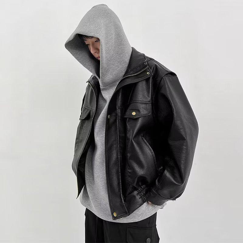 Men's Handsome PU Leather Motorcycle Jacket - American Retro Casual Loose Fit Parka.