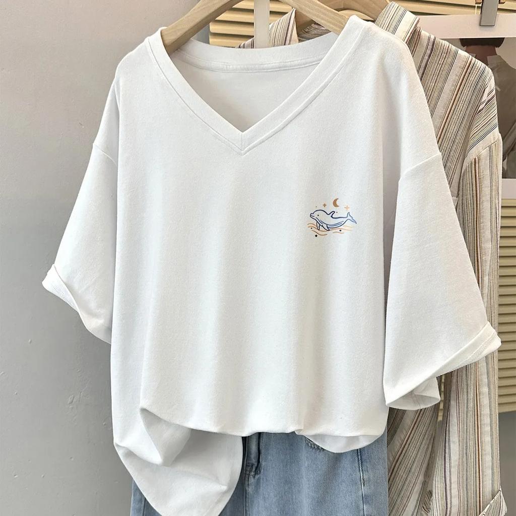 Camiseta Feminina de Verão com Manga Curta e Ombro Normal, Corte Solto, Tamanho Plus Size, Top Elegante com Decote em V e Design que Cobre a Barriga