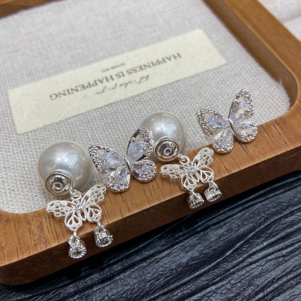 Copper Plated Thick Silver Super Fairy Inlaid Zircon Butterfly Tassel Two Wearing Earrings Female Sweet Temperament Stud Earrings