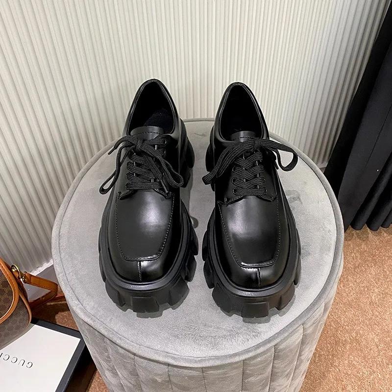 Fashion Women‘s British Style Leather Single Shoes Spring Autumn 2024 Loafer Shoes Retro Heightened Thick Bottom Platform Lace-up Shoes