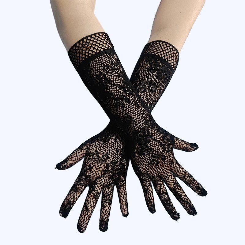 

Women Sexy Lace Floral Mesh Gloves High Elasticity Fishing Net Hollow Disco Dance Costume Punk Goth Cosplay Accessories One Size