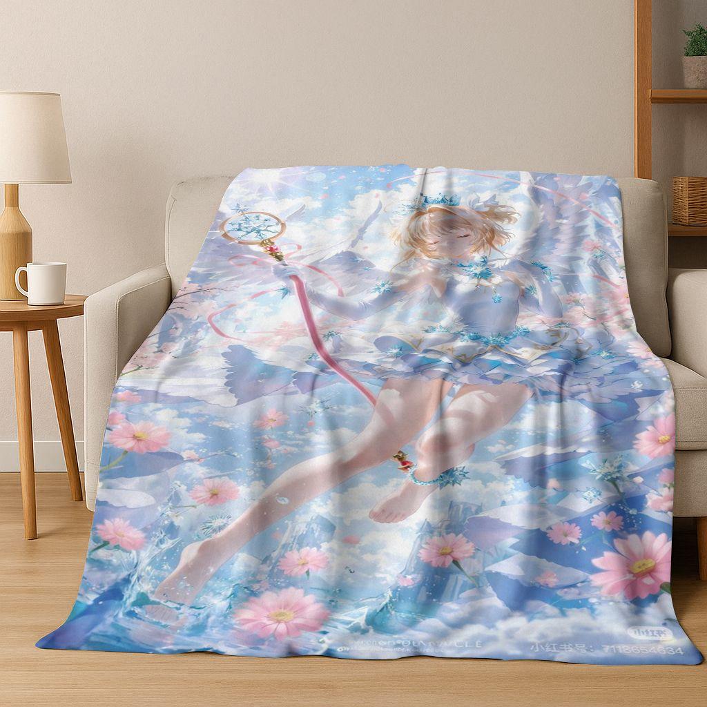 Cute Cartoon Card Captor Sakura Magic Girl Anime Art Flannel Blanket,Cozy Soft Throw Blanket for Home Bedroom Bed Sofa Cover Kid