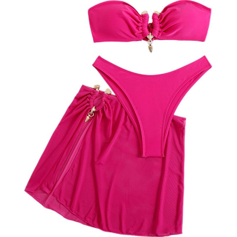 New Cross Border Swimsuit Solid Color Metal Buckle Three Pieces Women's Split Bikini Set Swimsuit