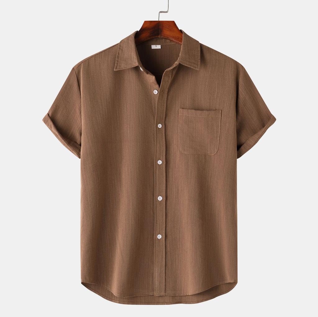 Summer Lapel Solid Color Short Sleeve Button Men's Linen Shirt Men's Clothing