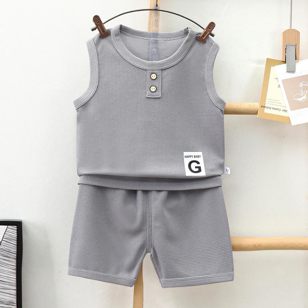 Boys' Casual Summer Waffle Vest and Shorts Set In Light Neutral Tone